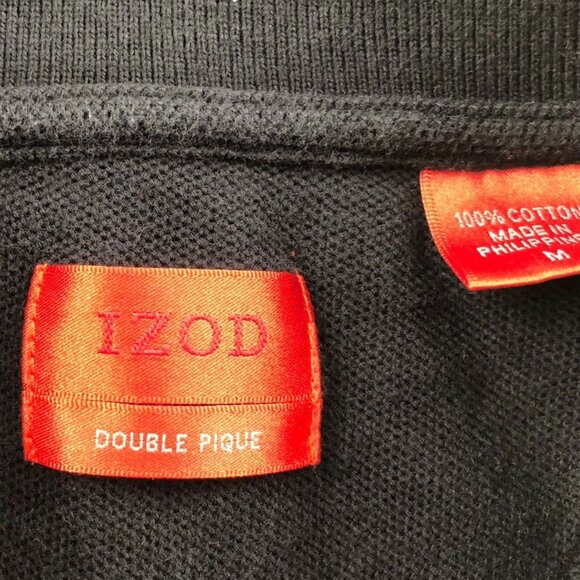 Izod Mens Double Pique Rugby Polo Shirt Medium Black Long Sleeve Classic Casual - Picture 3 of 11